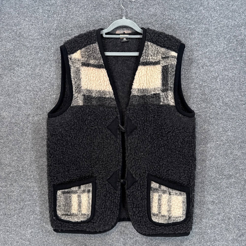 Alwero Vest Adult XL Gray Plaid Pure Wool Pile Sherpa Fleece Toggle Vintage